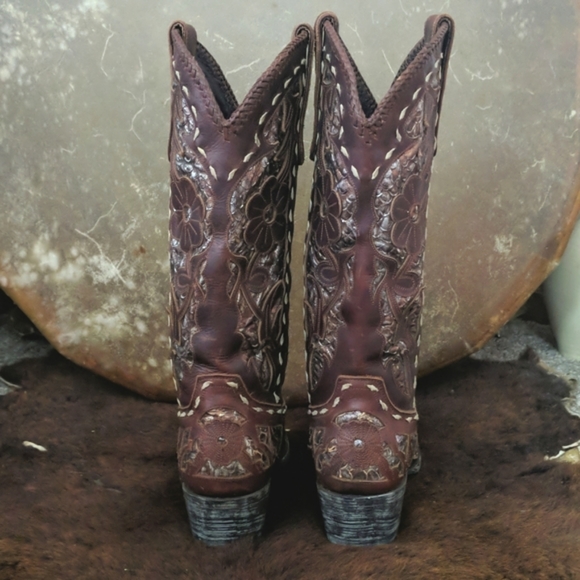 LANE "Poison" floral Chestnut brown & metallic snakeskin underlay cowgirl boots - Picture 4 of 16